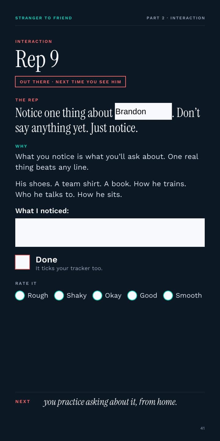 Rep 9, with his name typed into the sentence and a rating to tap.